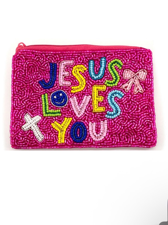 Handbags - Beaded "Jesus Loves You" Pink Coin Purse Pouch